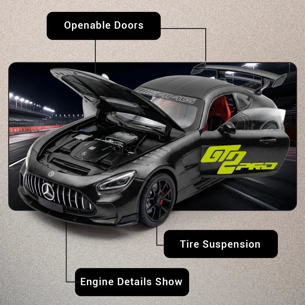 Mercedes Benz AMG-GT - Light, Sound with Openable Doors, 1:24 Scale (Black) collectible diecast model at Poketwheels