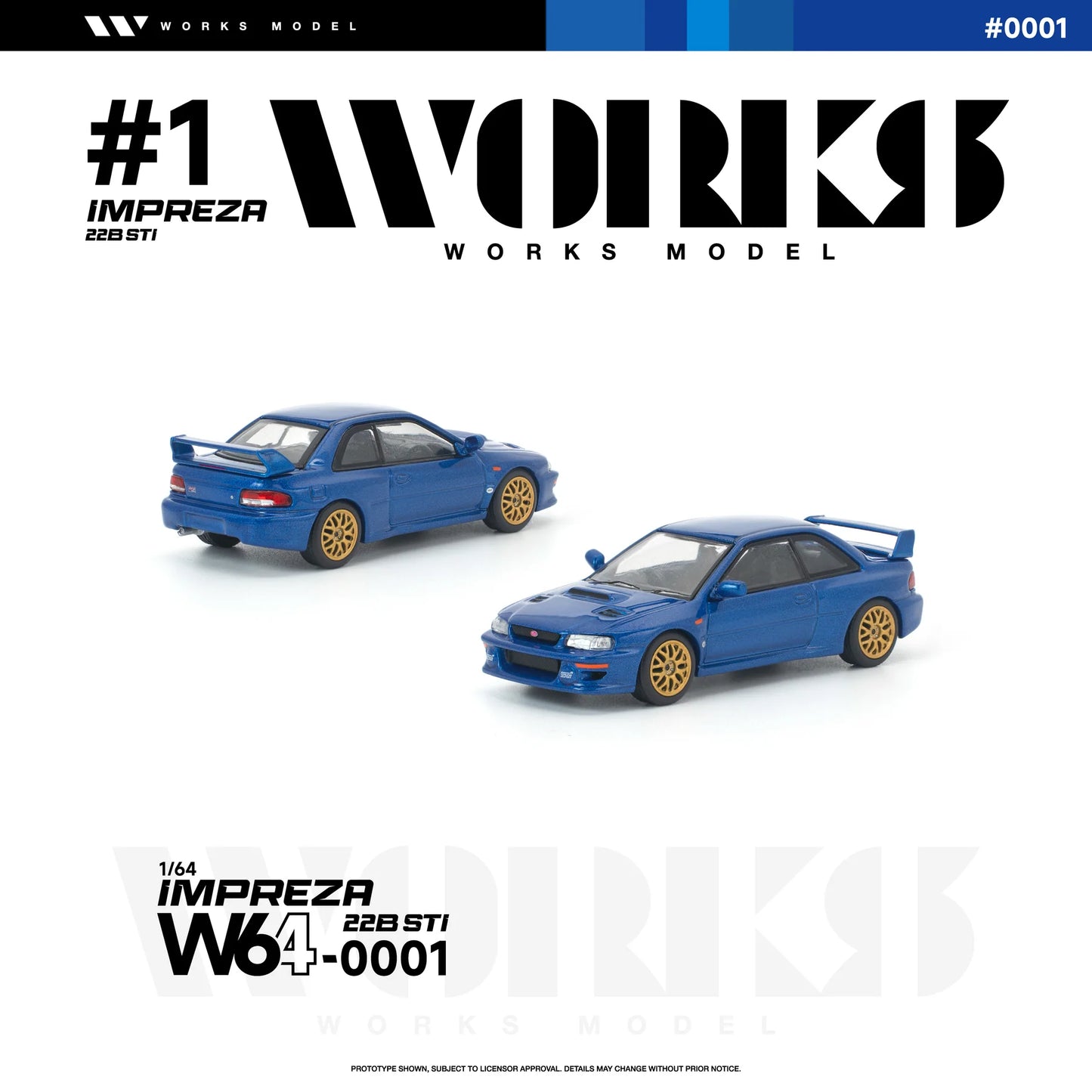 PRE-ORDER Works Model Subaru Impreza 22B STI, 1:64 Scale (Blue)