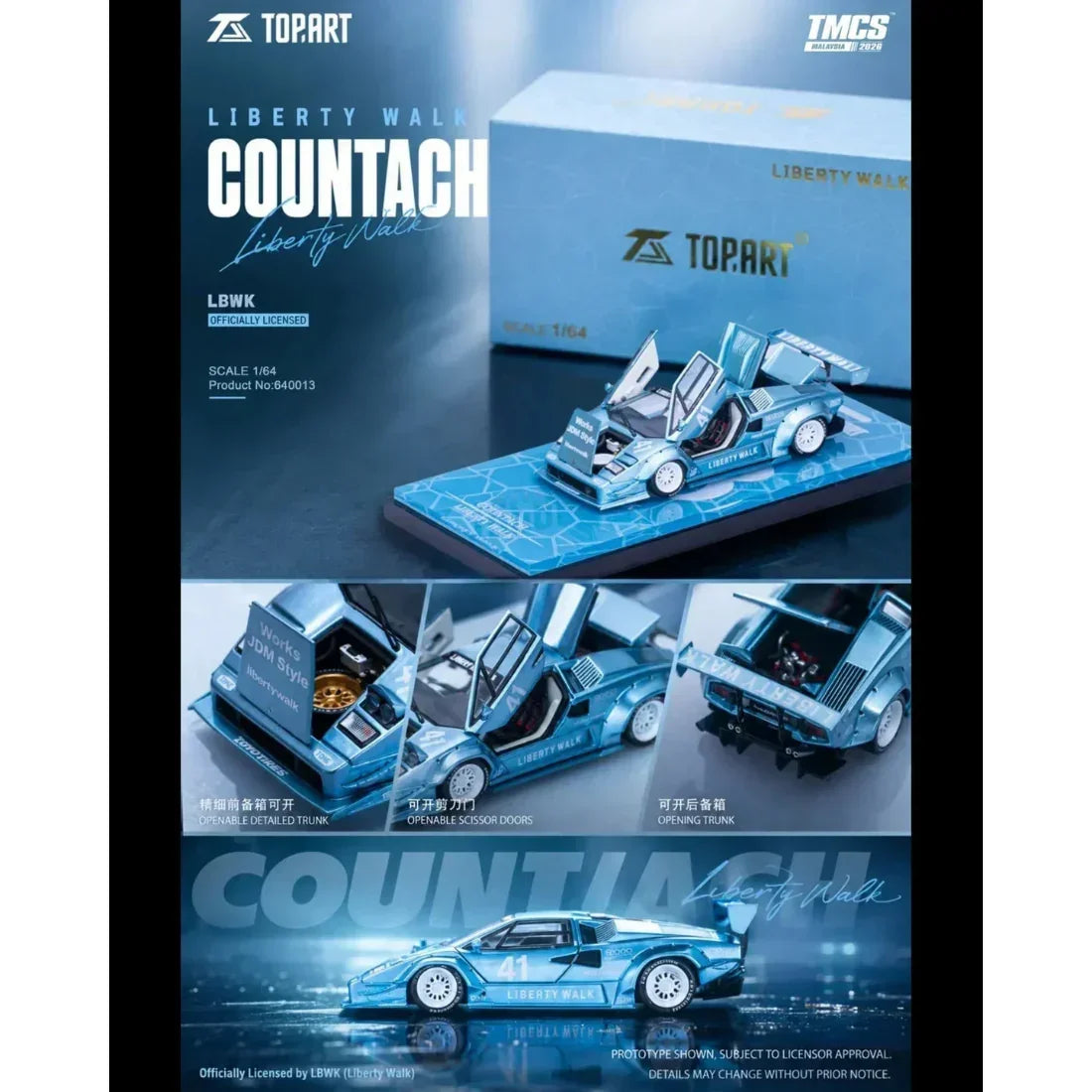 *TMCS 2026* Liberty Walk Lamborghini Countach Widebody, 1:64 Scale (Blue) collectible diecast model at Poketwheels