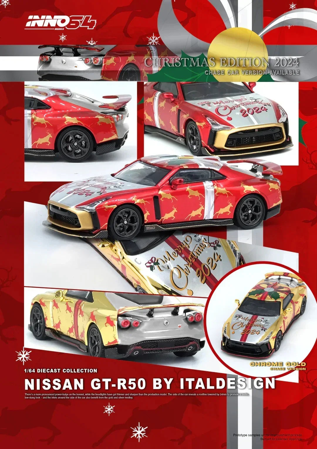 Nissan GT-R50 "X'Mas 2024" Special Edition(Red), Chance of Chase Car(Gold Chrome), 1:64 Scale collectible diecast model at Poketwheels
