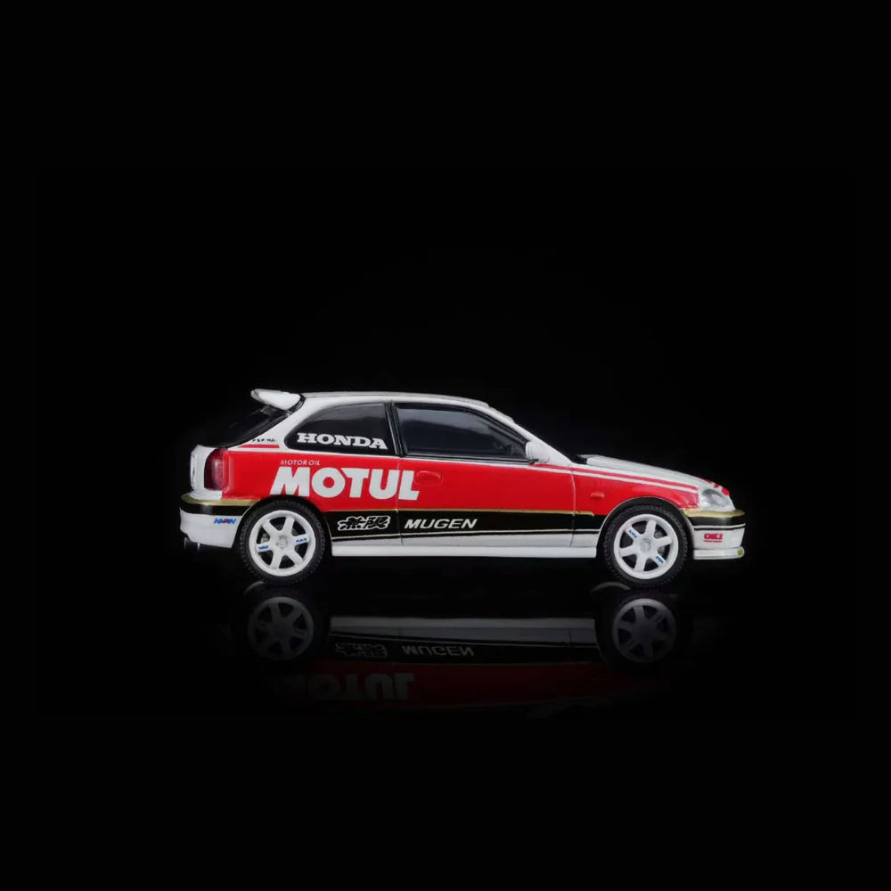 PRE-ORDER MOTOR HELIX Honda Civic TYPE R (EK9) Customized Motul Livery Magnetic Engine Hood-Removable, 1:64 Scale (White)
