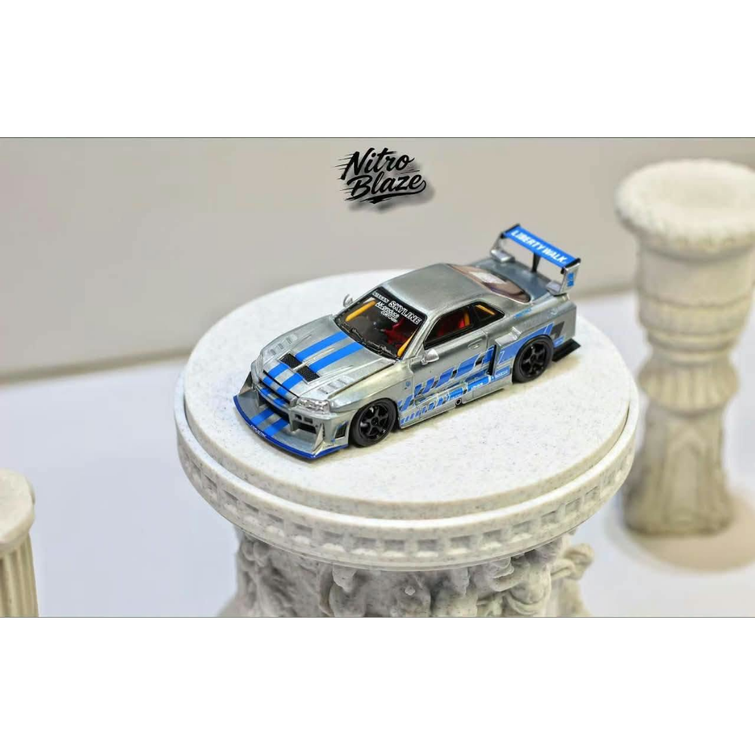 *PRE-ORDER* Nissan Skyline R34,ER34 Super Silhouette (Open-Hood, Visible Engine) Raw Silver-Blue, 1:64 Scale collectible diecast model at Poketwheels