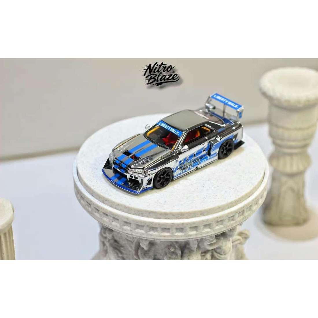 *PRE-ORDER* Nissan Skyline R34,ER34 Super Silhouette (Open-Hood, Visible Engine) Chrome Silver-Blue, 1:64 Scale collectible diecast model at Poketwheels