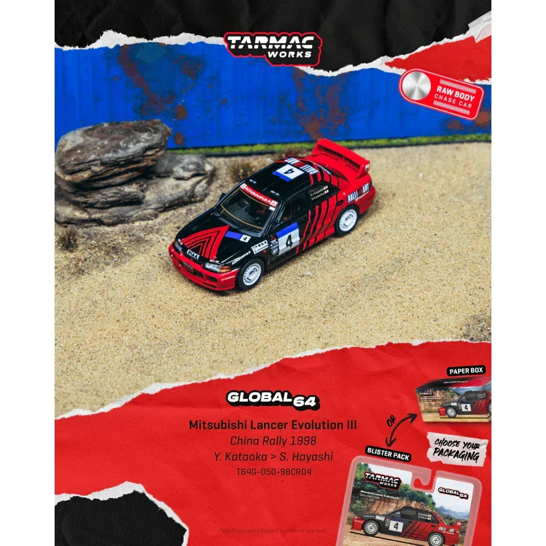 *PRE-ORDER* Mitsubishi Lancer Evolution III China Rally Yoshihiro Kataoka / Satoshi Hayashi (Chance of Chase Car) 1998, 1:64 Scale collectible diecast model at Poketwheels
