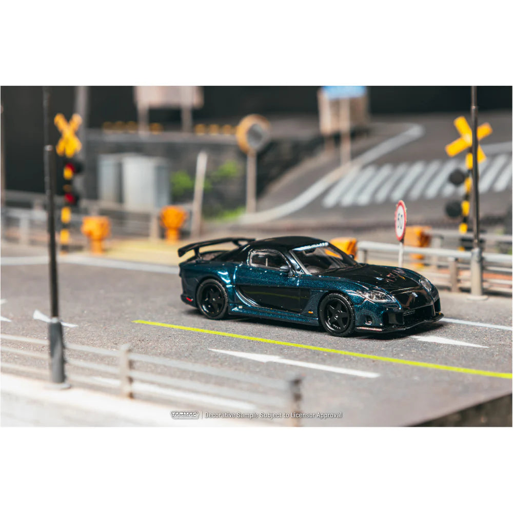 PRE-ORDER Tarmac Works Mazda RX-7 VeilSide Fortune7 Chance of Chase Car, 1:64 Scale (Dark Blue / Black)