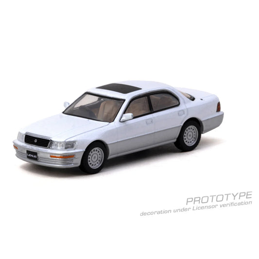 PRE-ORDER Tarmac Works Lexus LS400 (UCF10) Chance of Chase Car, 1:64 Scale (Pearl White)