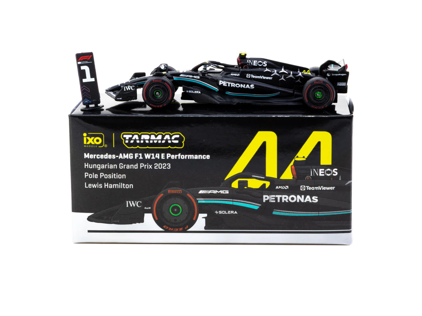 Tarmac Works X iXO Models GLOBAL64 Mercedes-AMG F1 W14 E Performance Hungarian GP 2023 Pole Position Lewis Hamilton 1:64 Diecast