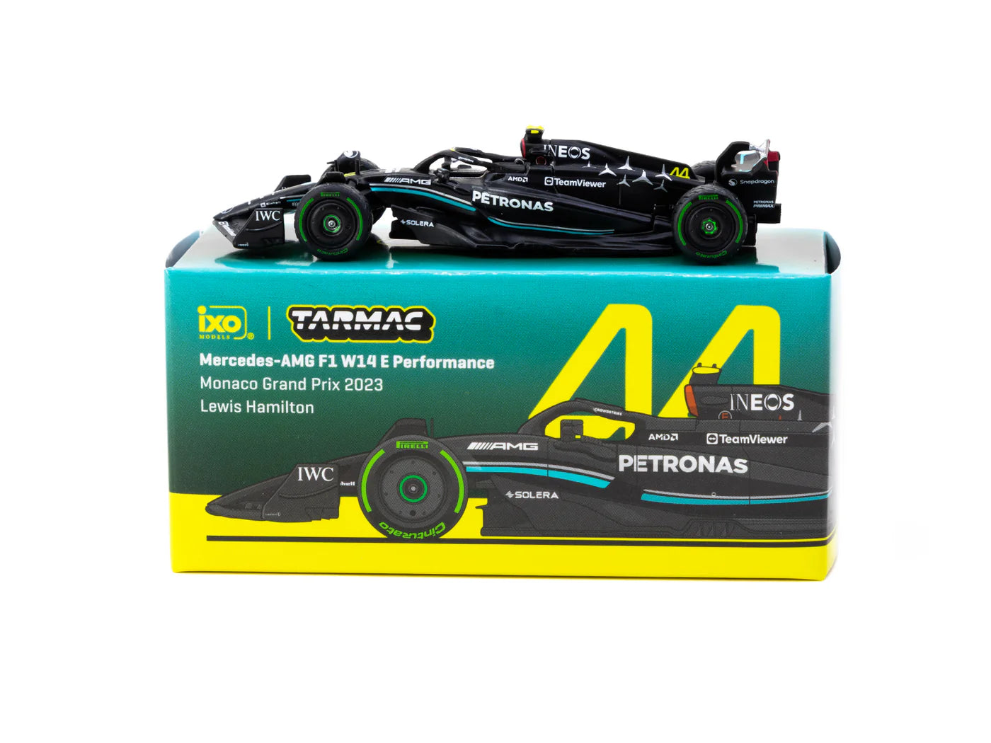 Tarmac Works X iXO Models GLOBAL64 Mercedes-AMG F1 W14 E Performance Monaco GP 2023 Lewis Hamilton 1:64 Diecast