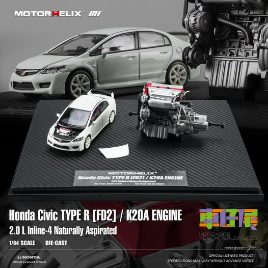 *HKTCS* Honda K20A Engine + Civic Type R (FD2) Display Set, 1:64 Scale collectible diecast model at Poketwheels