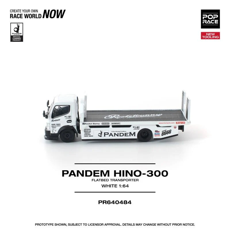 POPRACE Pandem Fuso 300 Flatbed Transporter New Tooling White 1:64 Scale Diecast Model (Pre-Order)