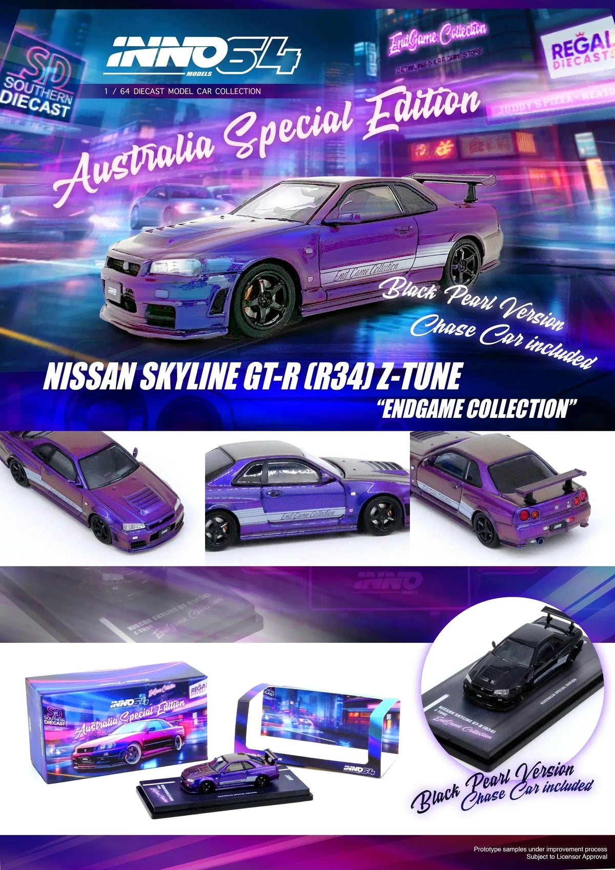 Nissan Skyline GT-R (R34) Z-Tune "Endgame" Australia Special Edition(Purple) (Chanse of Black Pearl Chase Car), 1:64 Scale collectible diecast model at Poketwheels