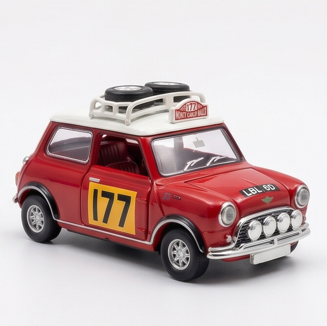 TINY Mini Cooper MK1 Rally #177 1:50 Scale (Red) – Official Licensed Diecast with Acrylic Case