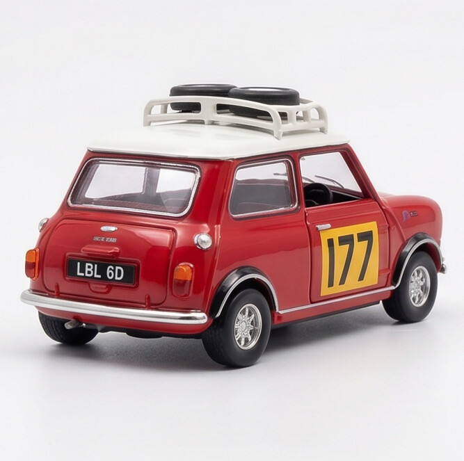TINY Mini Cooper MK1 Rally #177 1:50 Scale (Red) – Official Licensed Diecast with Acrylic Case
