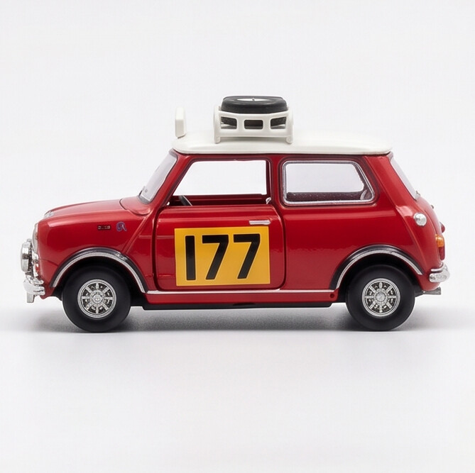 TINY Mini Cooper MK1 Rally #177 1:50 Scale (Red) – Official Licensed Diecast with Acrylic Case
