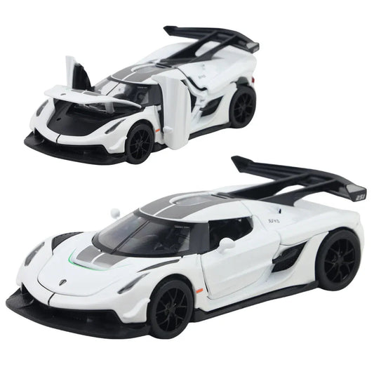 Koenigsegg Jesko Pullback Toy Car - Light, Sound with Openable Doors, 1:32 Scale (White) collectible diecast model at Poketwheels