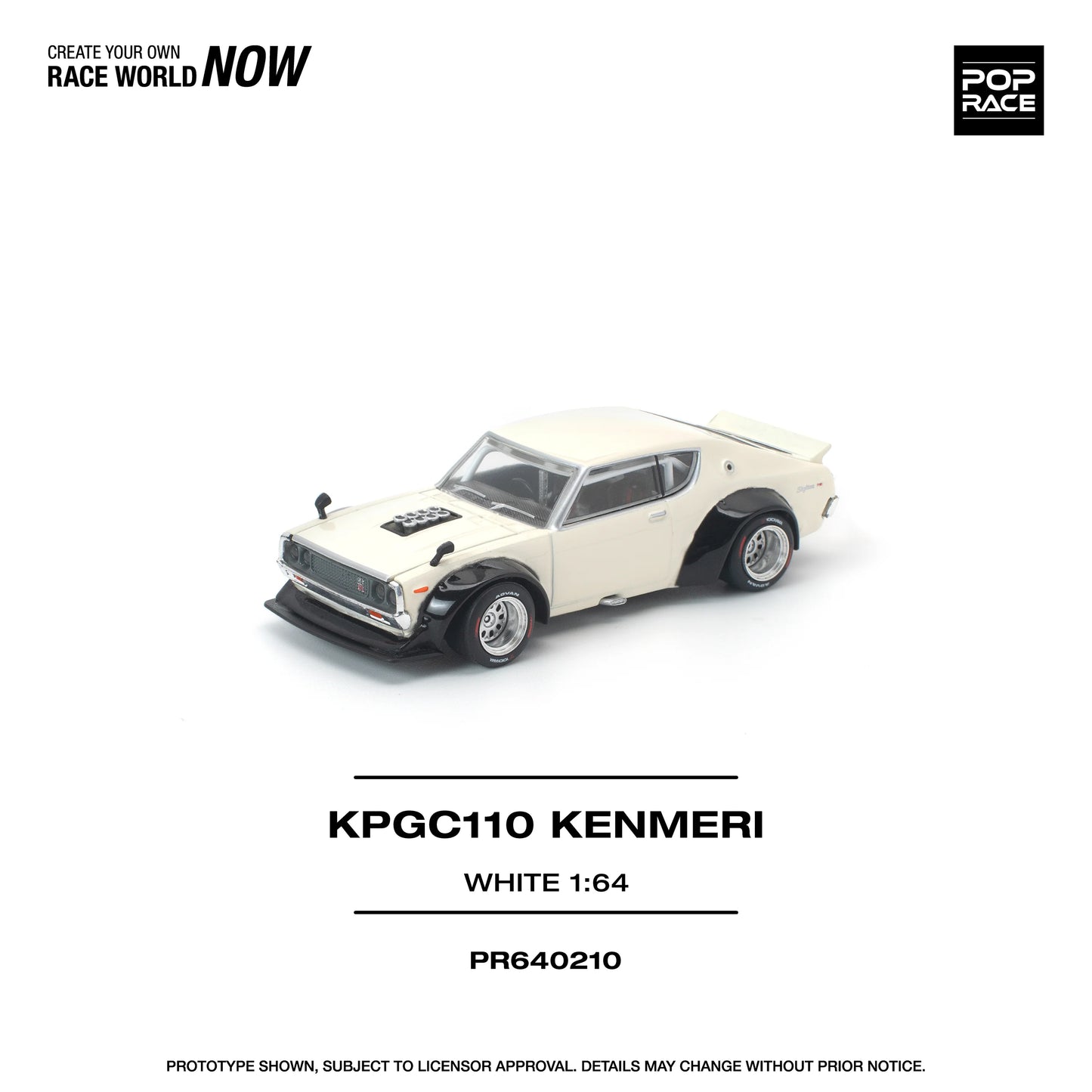 POPRACE Nissan Skyline KPGC110 Kenmeri White 1:64 Scale Diecast Model (Pre-Order)