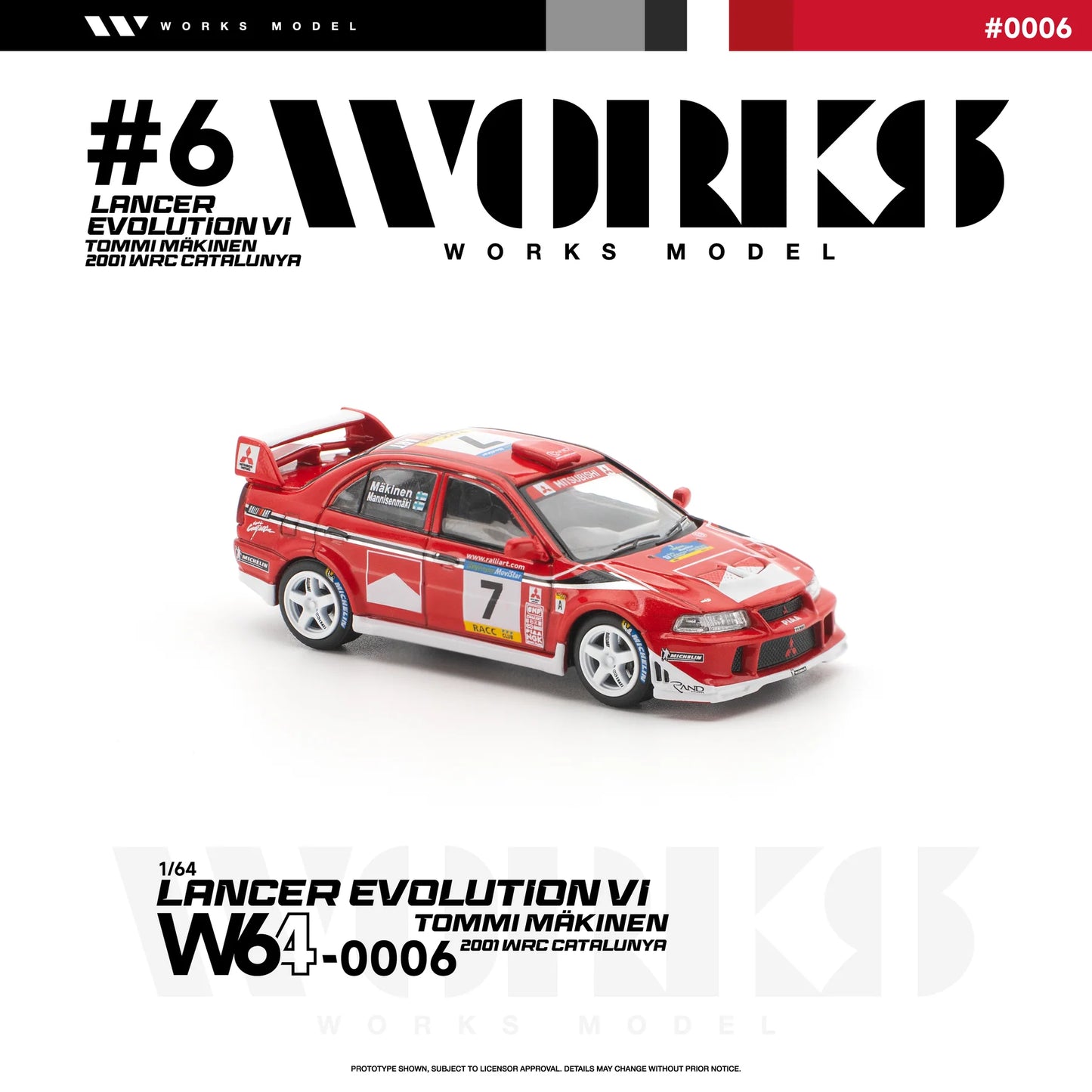 PRE-ORDER Works Model Mitsubishi Lancer Evolution VI Tommi Makinen 2001 WRC Catalunya, 1:64 Scale