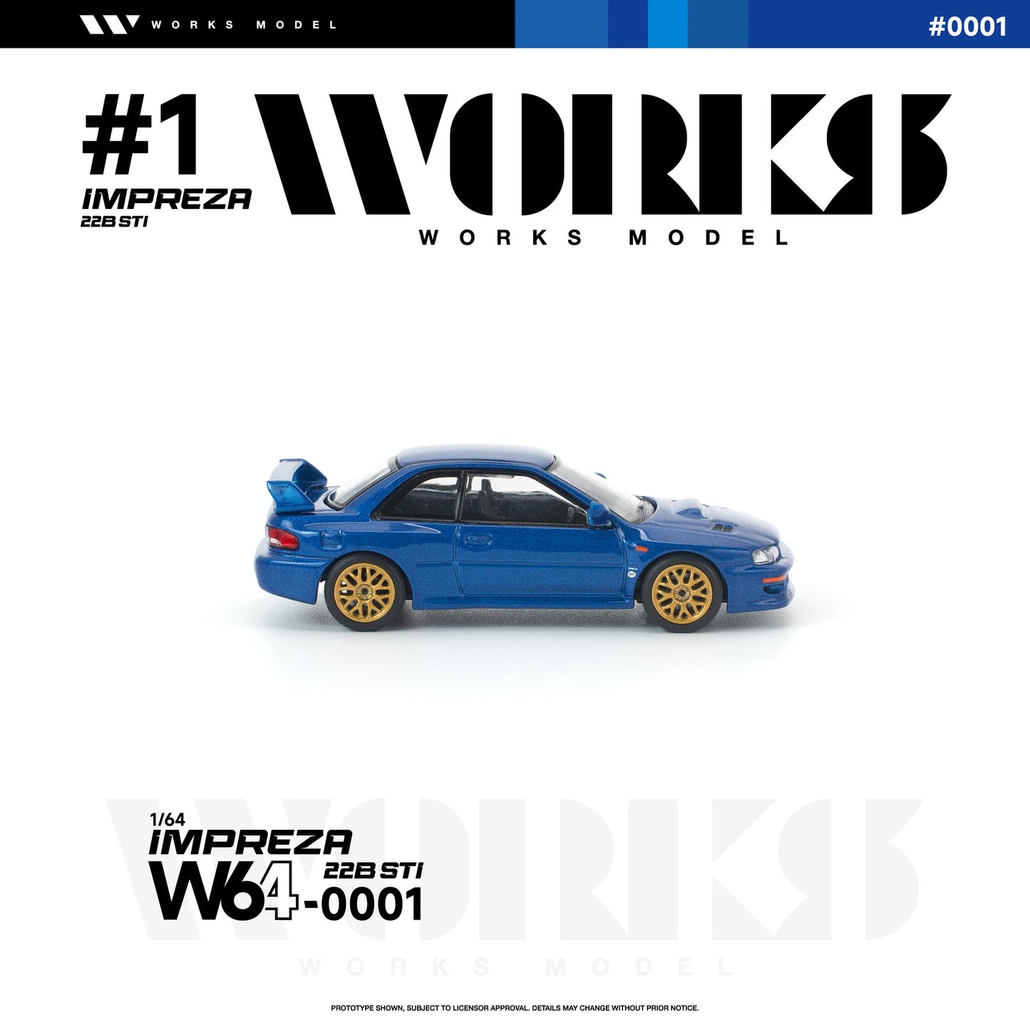 PRE-ORDER Works Model Subaru Impreza 22B STI, 1:64 Scale (Blue)