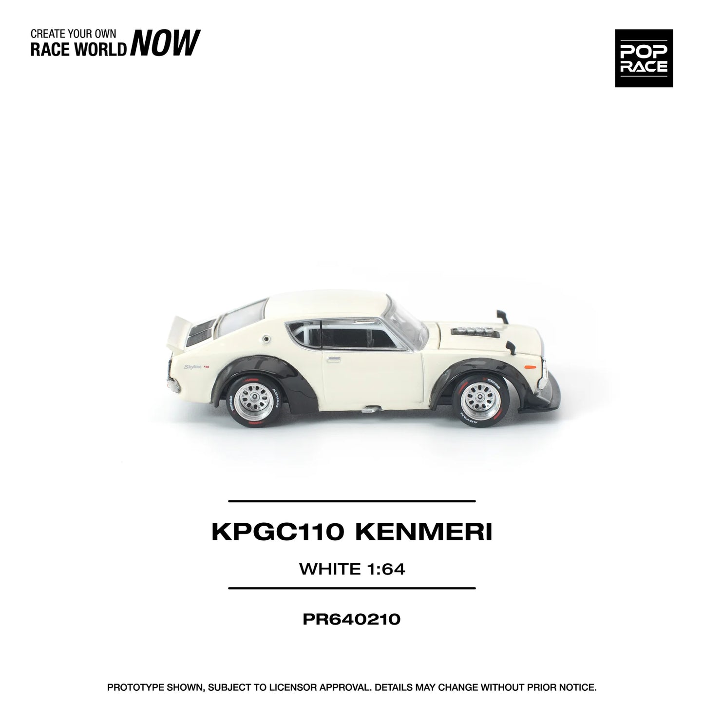 POPRACE Nissan Skyline KPGC110 Kenmeri White 1:64 Scale Diecast Model (Pre-Order)