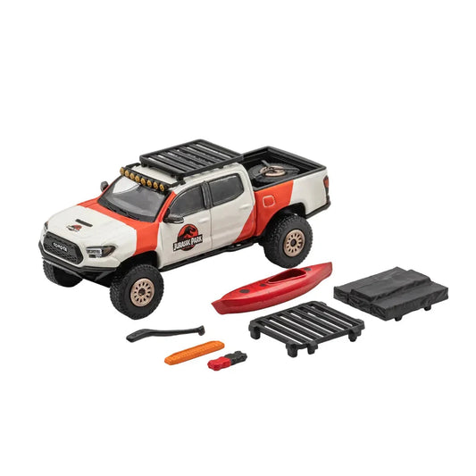Premium scale diecast model car  – Toyota Tacoma Widebody Jurassic Livery (Left Tie), 1:64 Scale (White) Collectible