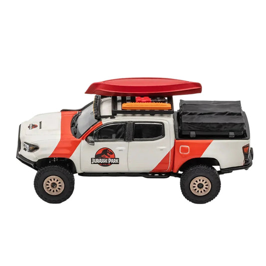 Premium scale diecast model car  – Toyota Tacoma Widebody Jurassic Livery (Left Tie), 1:64 Scale (White) Collectible