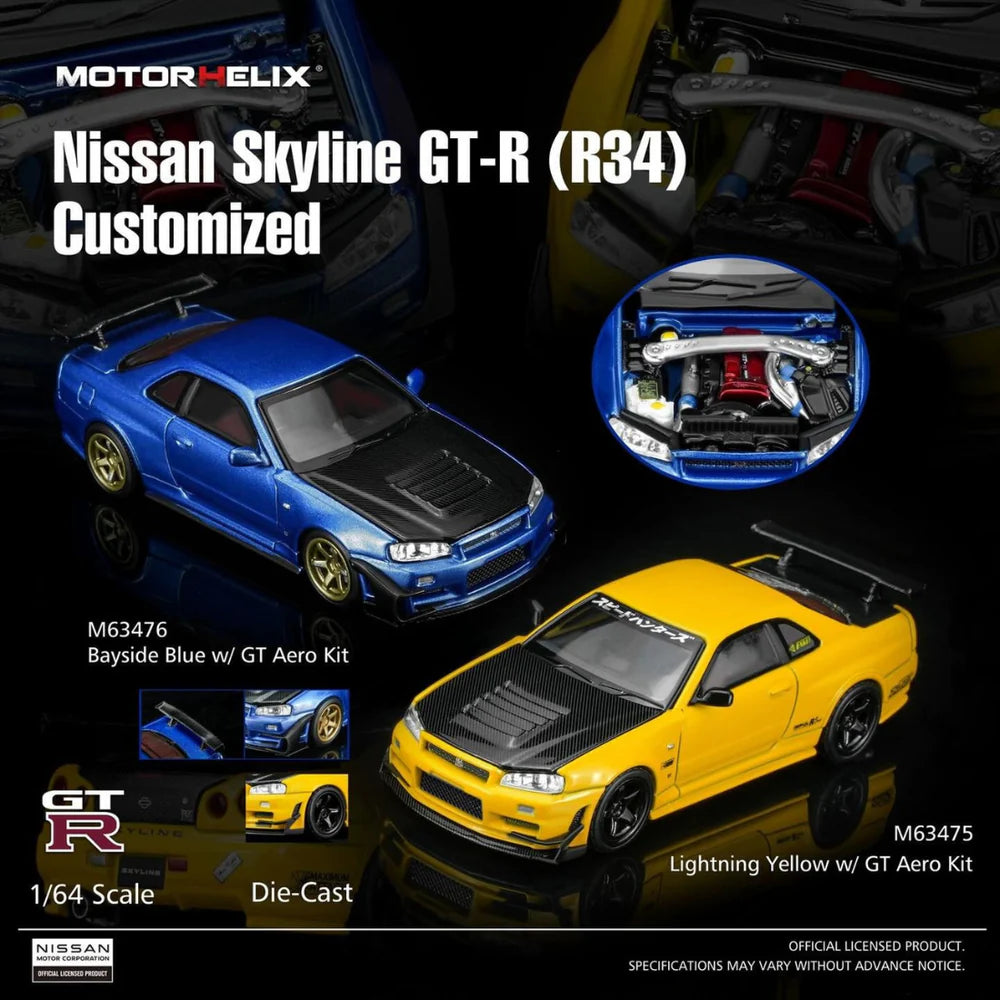 PRE-ORDER MOTOR HELIX Nissan Skyline GT-R R34 Customized GT Aero Kit Bayside Blue 1:64 Scale Diecast Model