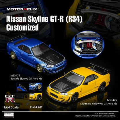PRE-ORDER MOTOR HELIX Nissan Skyline GT-R R34 Customized GT Aero Kit Bayside Blue 1:64 Scale Diecast Model