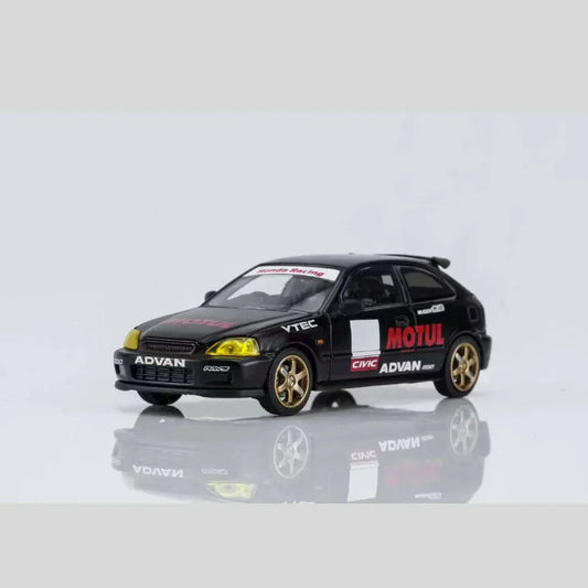 Honda Civic TYPE R (EK9) No Good Racing Motul Magnetic Engine Hood-Removable (Matt Black with Yellow Head Lights), 1:64 Scale collectible diecast model at Poketwheels