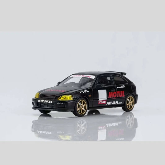 PRE-ORDER MOTOR HELIX Honda Civic TYPE R (EK9) No Good Racing Motul Magnetic Engine Hood-Removable (Matt Black with Yellow Head Lights), 1:64 Scale