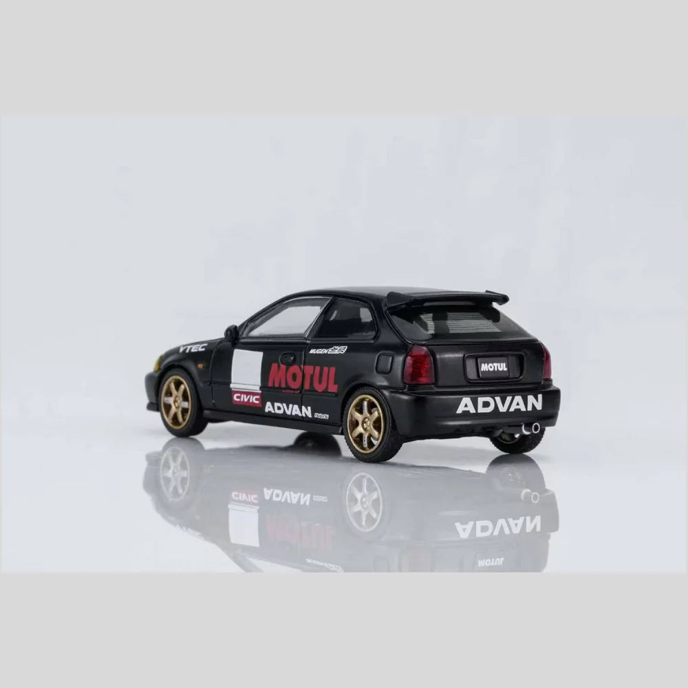PRE-ORDER MOTOR HELIX Honda Civic TYPE R (EK9) No Good Racing Motul Magnetic Engine Hood-Removable (Matt Black with Yellow Head Lights), 1:64 Scale