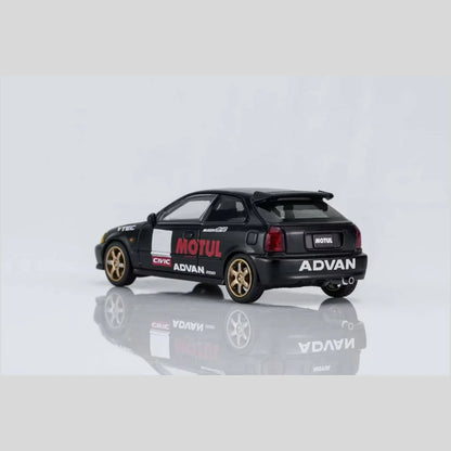 PRE-ORDER MOTOR HELIX Honda Civic TYPE R (EK9) No Good Racing Motul Magnetic Engine Hood-Removable (Matt Black with Yellow Head Lights), 1:64 Scale