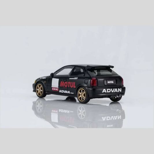 PRE-ORDER MOTOR HELIX Honda Civic TYPE R (EK9) No Good Racing Motul Magnetic Engine Hood-Removable (Matt Black with Yellow Head Lights), 1:64 Scale