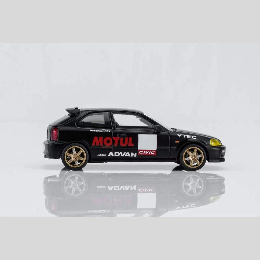 PRE-ORDER MOTOR HELIX Honda Civic TYPE R (EK9) No Good Racing Motul Magnetic Engine Hood-Removable (Matt Black with Yellow Head Lights), 1:64 Scale