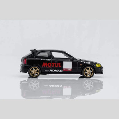 PRE-ORDER MOTOR HELIX Honda Civic TYPE R (EK9) No Good Racing Motul Magnetic Engine Hood-Removable (Matt Black with Yellow Head Lights), 1:64 Scale