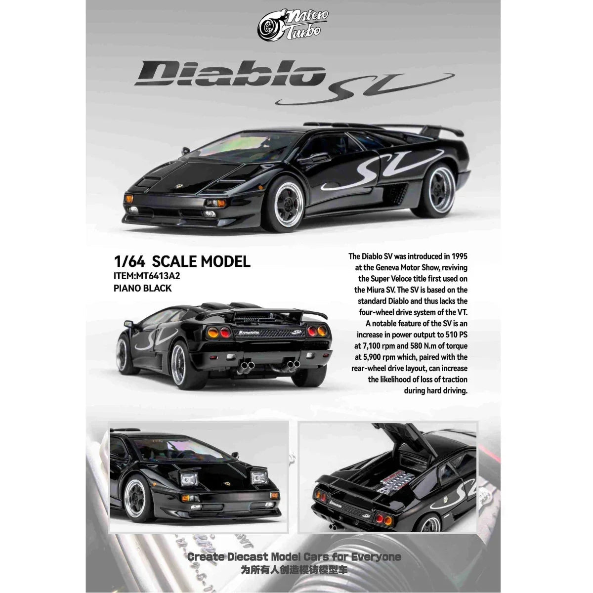 *PRE-ORDER* Custom Lamborghini Diablo SV, 1:64 Scale (Metallic Black) collectible diecast model at Poketwheels
