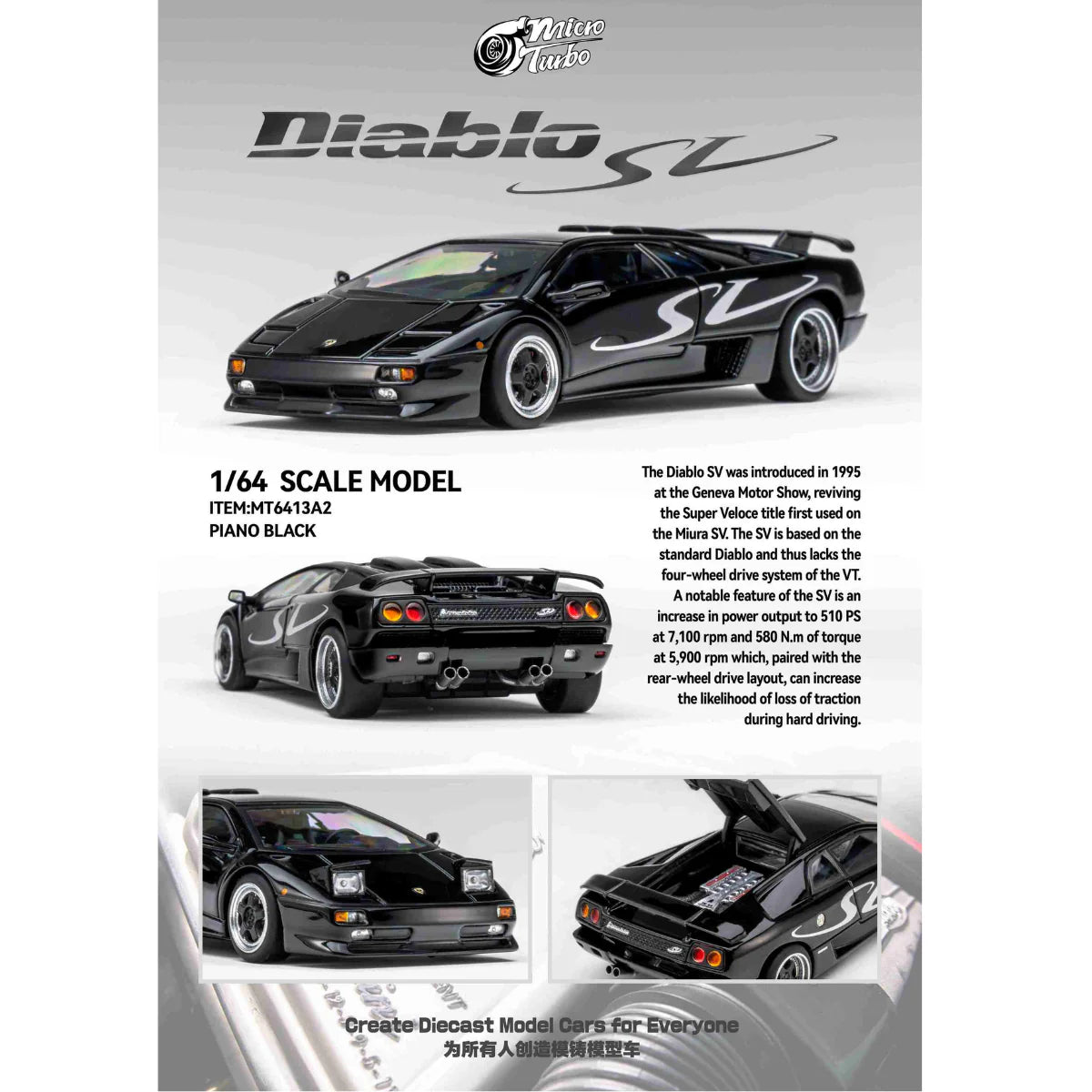 PRE-ORDER Works Model Custom Lamborghini Diablo SV, 1:64 Scale (Metallic Black)