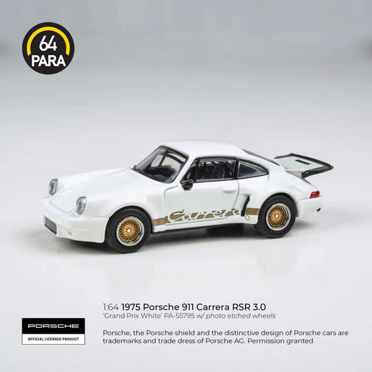 Premium scale diecast model car  – Porsche 911 Carrera RSR 3.0 Grand Prix, 1:64 Scale (White) Collectible