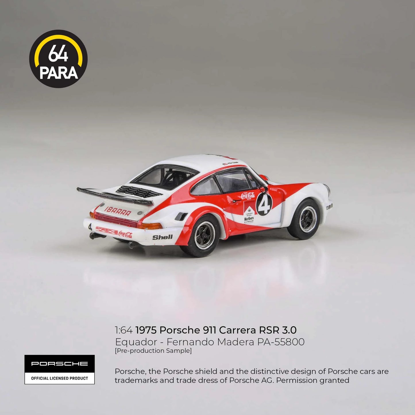 PARA64 Porsche 911 Carrera RSR 3.0 Equador Fernando Madera 1976 1:64 Scale Diecast Model (White & Red) – Pre-Order