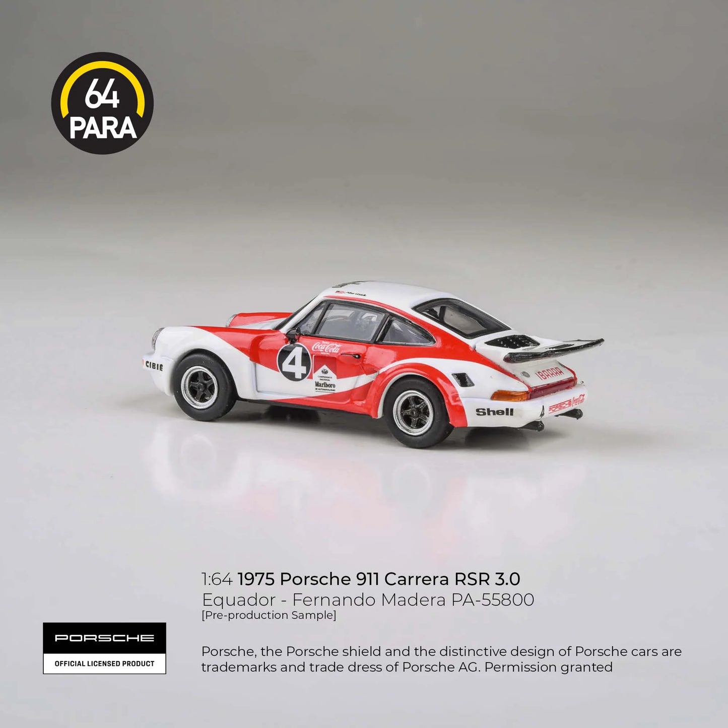 PARA64 Porsche 911 Carrera RSR 3.0 Equador Fernando Madera 1976 1:64 Scale Diecast Model (White & Red) – Pre-Order