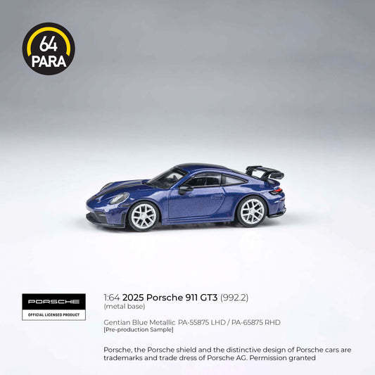 Porsche 911 GT3 (992.2) 2025 Gentian Blue Metallic 1:64 Scale Diecast Collectible