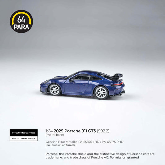 Porsche 911 GT3 (992.2) 2025 Gentian Blue Metallic 1:64 Scale Diecast Collectible