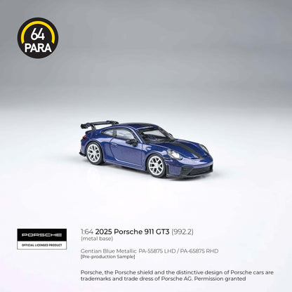 Porsche 911 GT3 (992.2) 2025 Gentian Blue Metallic 1:64 Scale Diecast Collectible
