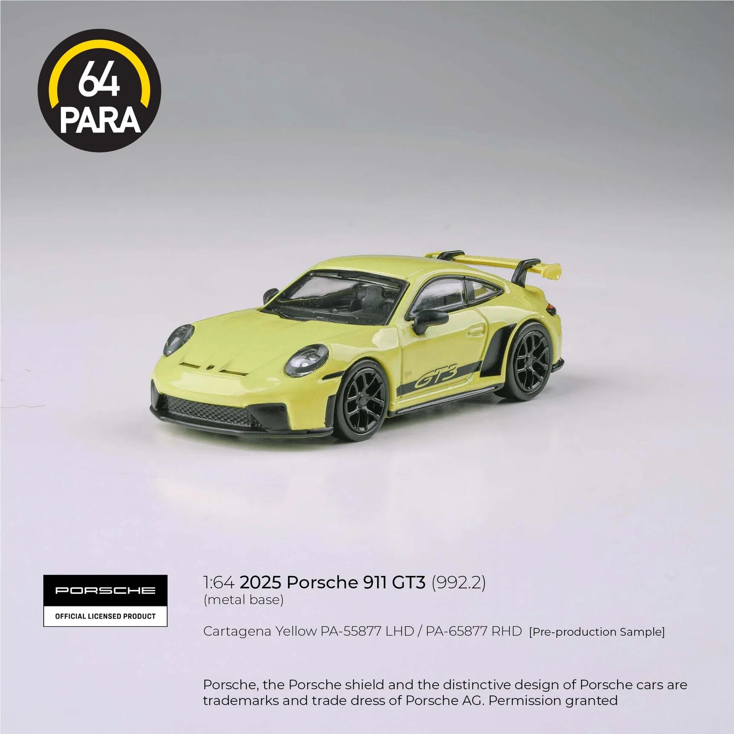 PARA64 Porsche 911 GT3 992.2 Cartagena 2025 Yellow 1:64 Scale Diecast Model (Pre-Order)