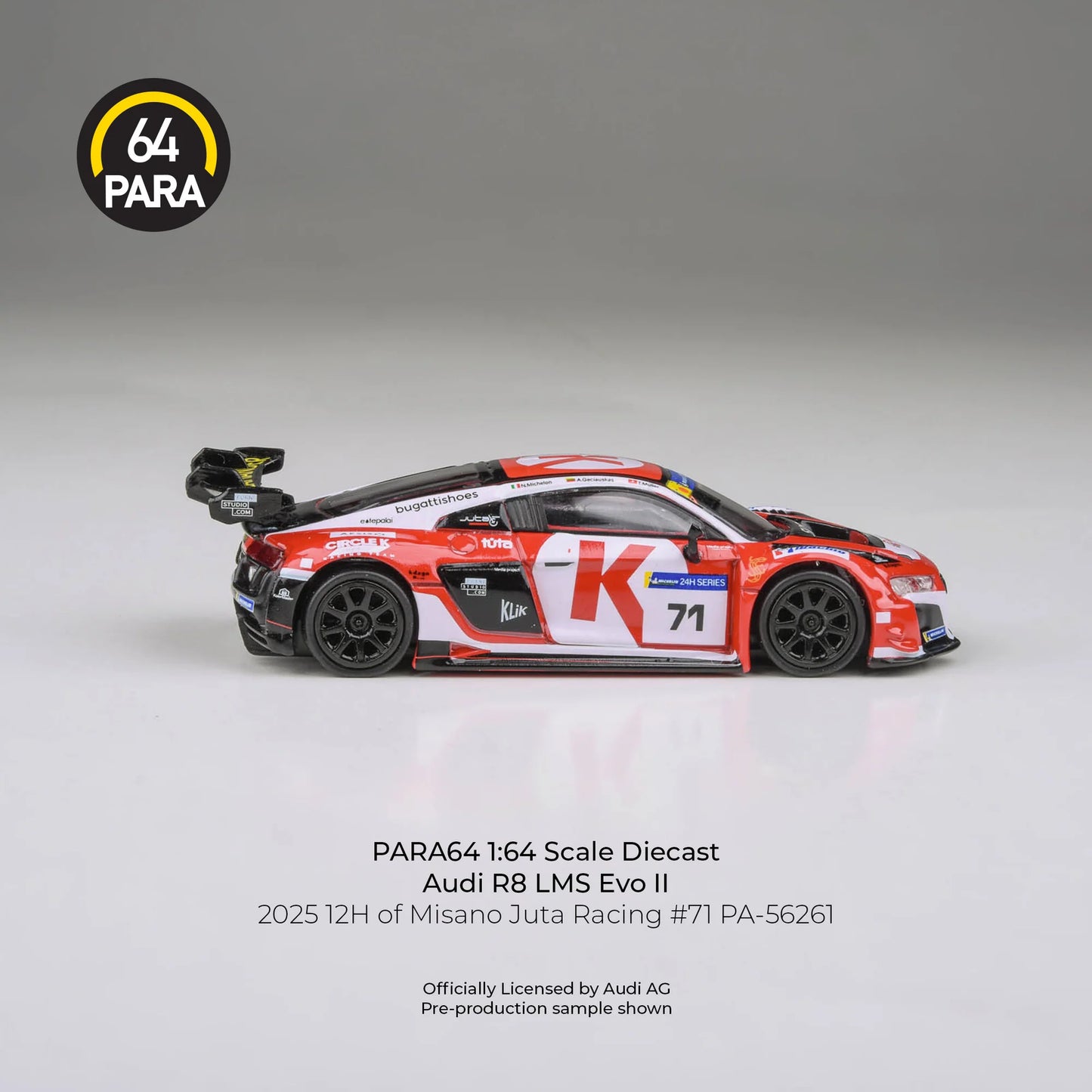 PARA64 Audi R8 LMS Evo 2025 12H of Misano Juta Racing #71 1:64 Scale Diecast Model (White & Red) – Pre-Order