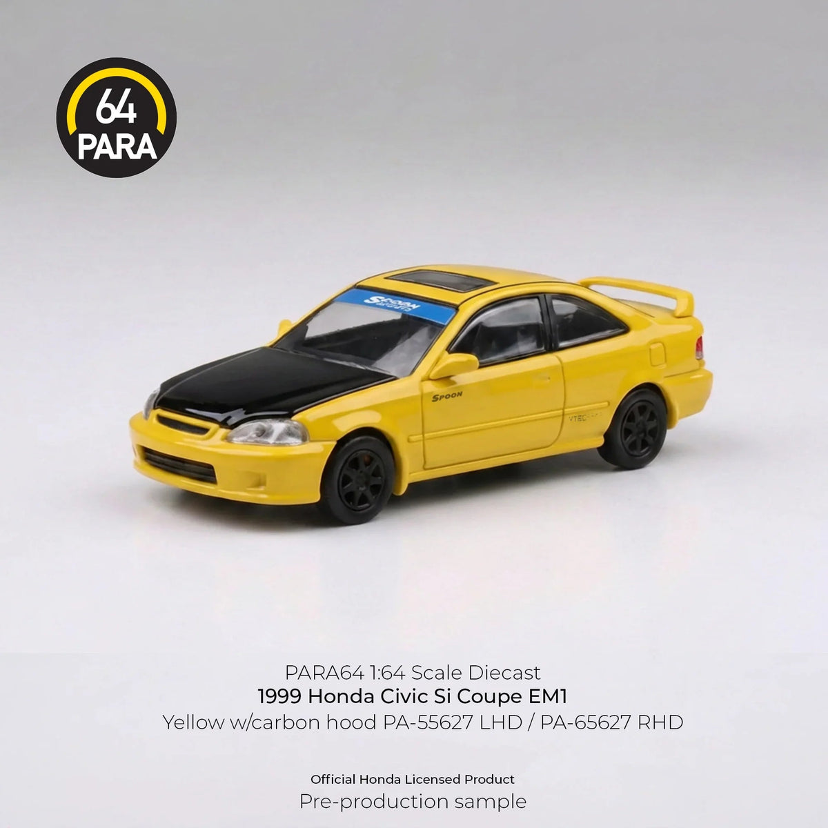 *PRE-ORDER* Honda Civic Coupe EM1 Yellow with Carbon hood 1999, 1:64 Scale collectible diecast model at Poketwheels