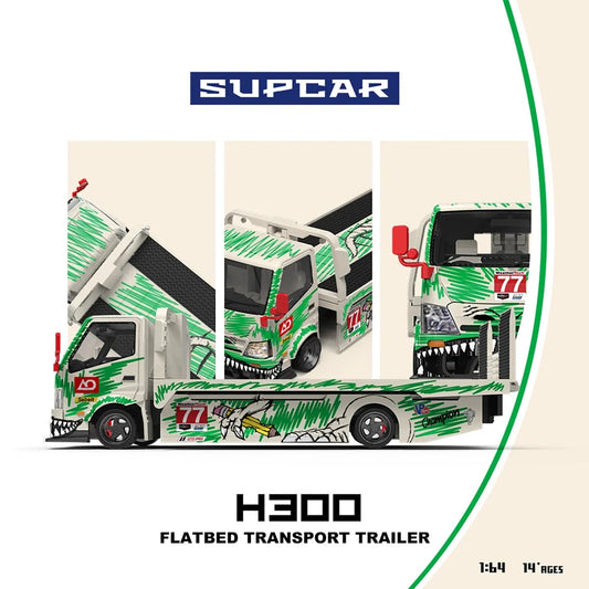 *PRE-ORDER* SUPCAR H300 Flatbed Transport Trailer - Model 77 - White and Green Graffiti Green Dinosaur Painted, 1:64 Scale collectible diecast model at Poketwheels