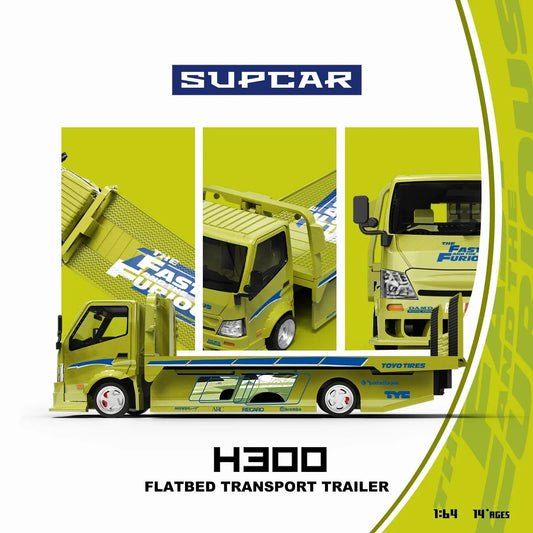 *PRE-ORDER* SUPCAR 1:64 H300 Flatbed Transport Trailer - Fast and Furious Lime Yellow Painted, 1:64 Scale collectible diecast model at Poketwheels