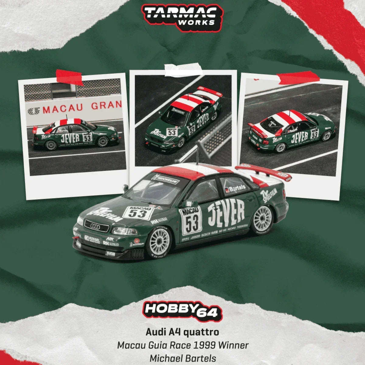 *PRE-ORDER* Audi A4 Quattro Macau Guia Race 1999 Winner Michael Bartels, 1:64 Scale collectible diecast model at Poketwheels
