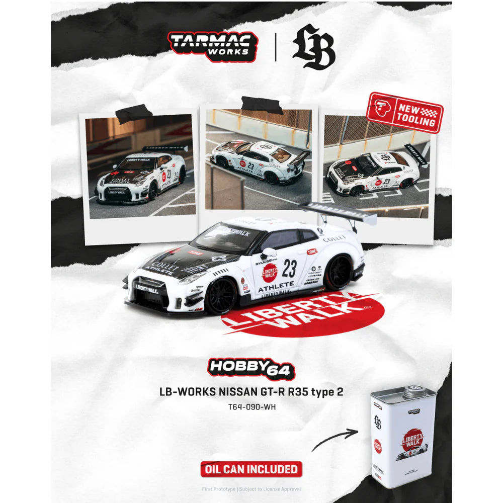 PRE-ORDER | Nissan GT-R R35 Type 2 with Metal Oil Can Packaging 1:64 Scale (White) by Tarmac Works