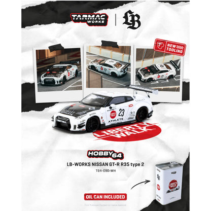 PRE-ORDER | Nissan GT-R R35 Type 2 with Metal Oil Can Packaging 1:64 Scale (White) by Tarmac Works
